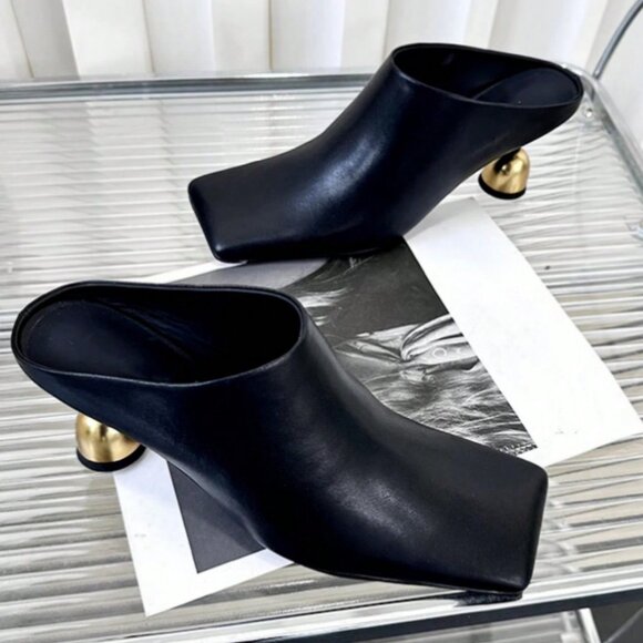 Women's Gold metal Heel Square Toe Slip-On High Heels Mules Shoes Black - Picture 1 of 4
